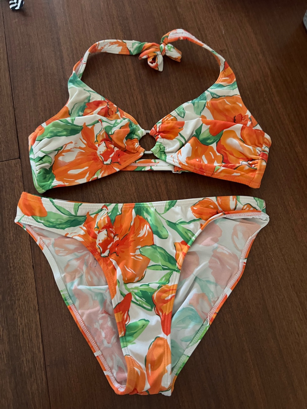 VENUS Orange Floral Bikini Top with Green Leaf Accents
